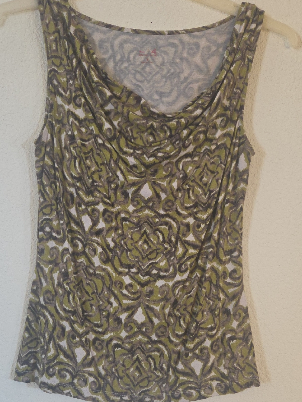 212 Collection Olive Green and Gray Patterned Cowl Neck Tank